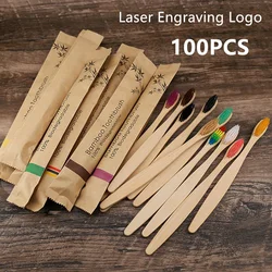 50 / 100 Uds. Cepillos de dientes de bambú con logotipo grabado láser personalizado, cepillo de dientes de madera ecológico portátil para adultos y niños