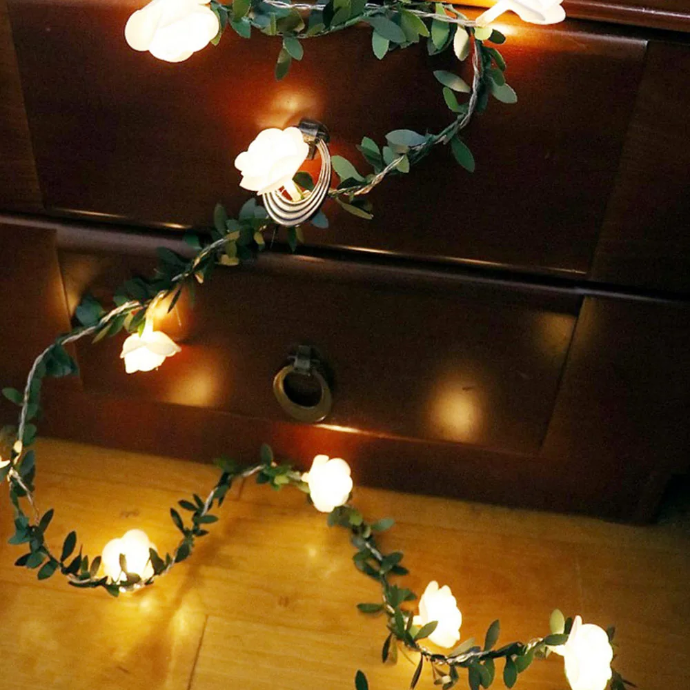 Rose Flower Vine String LED Lights Decoration Green Leaf Garland Battery/USB/Solar Powered 3m 5m 10m Warm White Fairy Lights