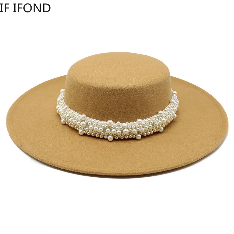 Fedora Hat For Women Temperament Elegant Beige Flat Top Jazz Caps 10CM Wide Brim Pearl Decoration Lady Wedding Dress Hat