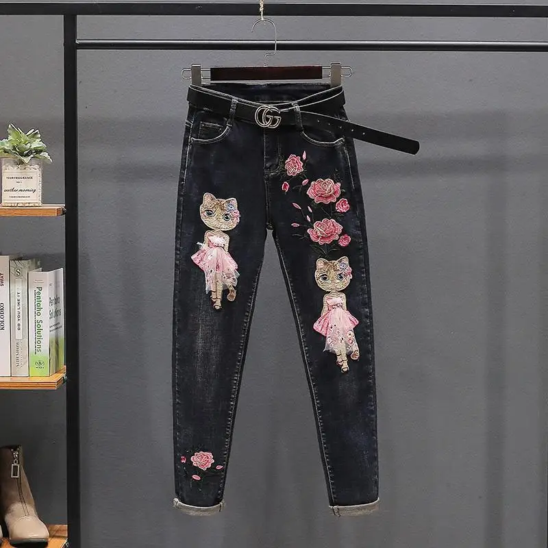 

2021 New Spring Autumn Fashion Lady Cotton Elastic Denim Pants High Waist Embroidery Cartoon Stretch Slim Women Pencil Jeans