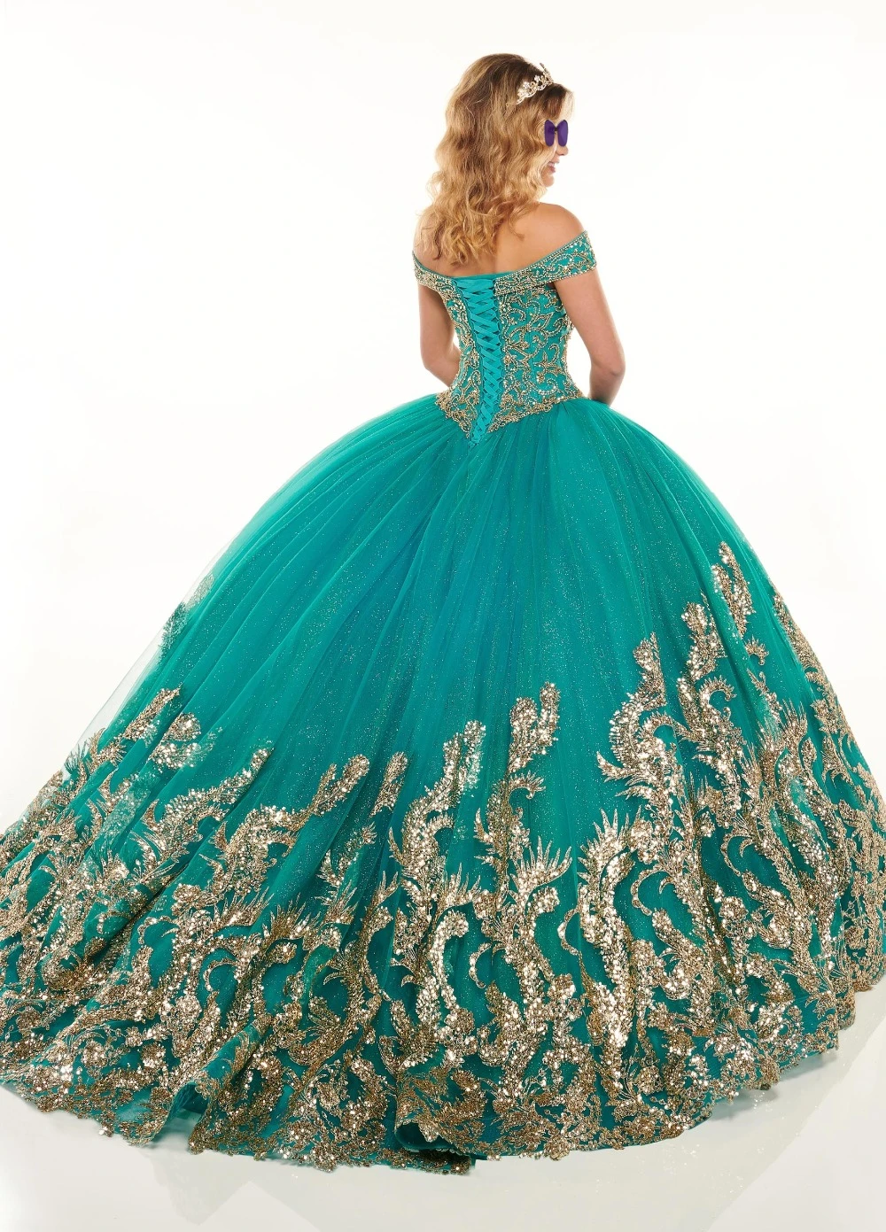 Cloverbridal 2021 varredura trem fora do ombro quinceanera vestidos verde quinceañera de 15 cinderela aniversário vestido de baile wq9801