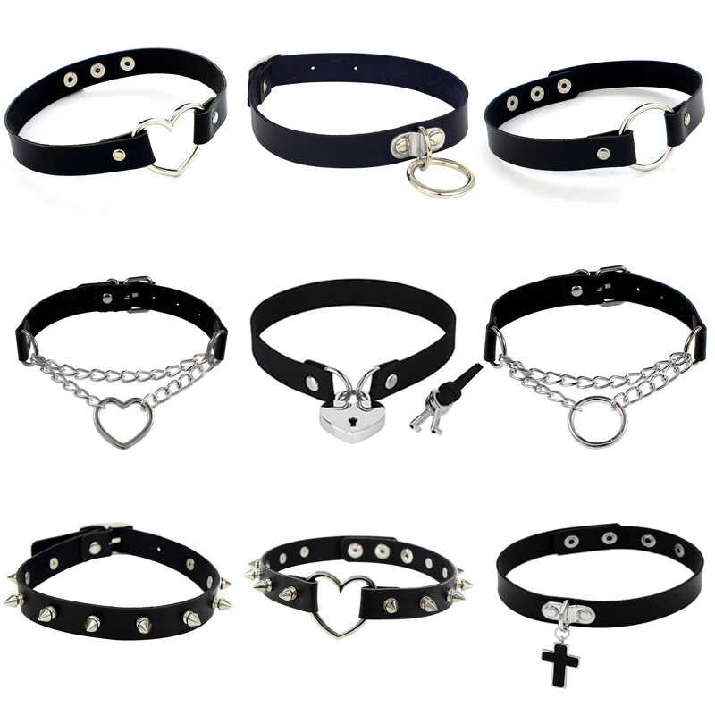 

2020 Punk PU Leather Lock Key Heart Round Spike Rivet Collar Studded Choker Necklace Body Birthday Party Gift chocker Jewelry