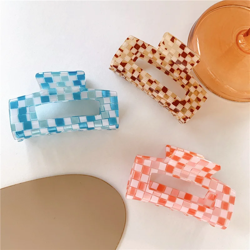 Grote Acryl Haar Klauw Rechthoek Geruite Mozaïek Plaid Grid Hairclips Vrouwen Haar Accessoires Hoofddeksels Ins Krab Klemmen Hairgrip