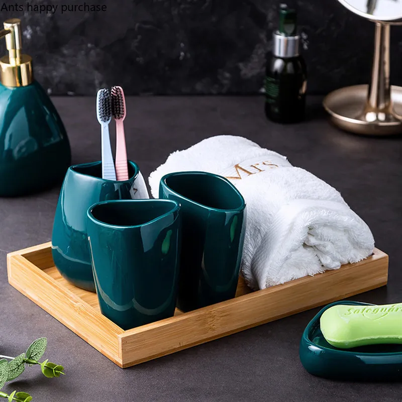 Green Ceramic Bathroom Set Bathroom Supplies Lotion Bottle Toothbrush Cup Mouth Cup Soap Dish Bathroom 5-piece Set Wood Tray