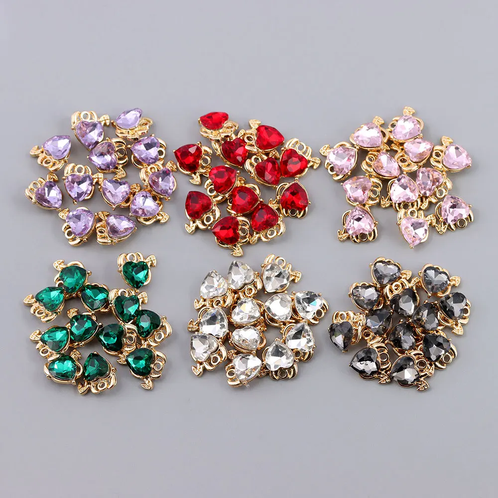 New 10Pcs Hearts Charms Colorful Crystal Devil Love Charm For Making Zinc Alloy Jewelry DIY Heart Earrings Accessories Wholesale