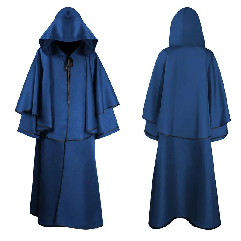 Halloween Medieval Vampire Pastor Grim Reaper Hooded Cloak Robe Cosplay Costume Masquerade Clothes White Red Black Blue