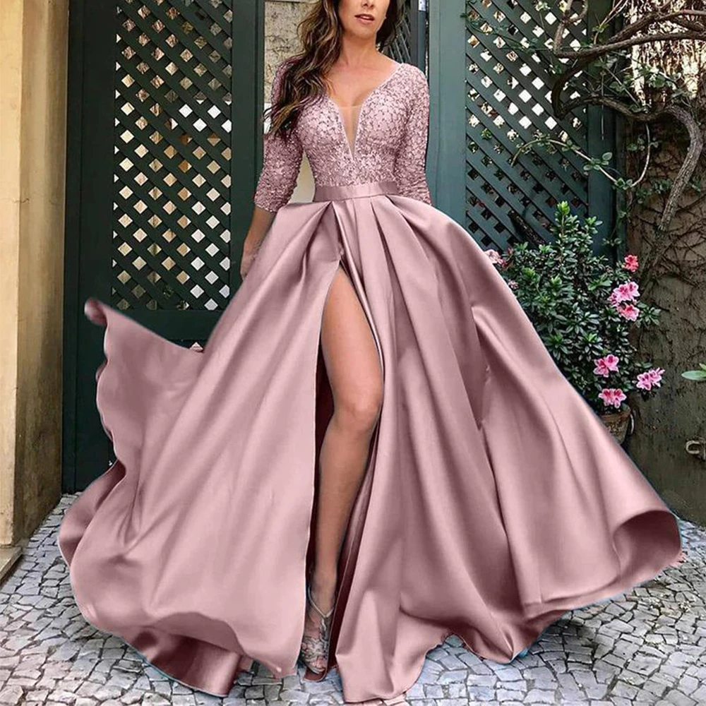 Eleganckie sukienki dla kobiet formalna suknia wieczorowa rozcięcia po bokach satyna z koronką Sweep Train plaża sukienka na studniówkę V Neck Vestido De Noche