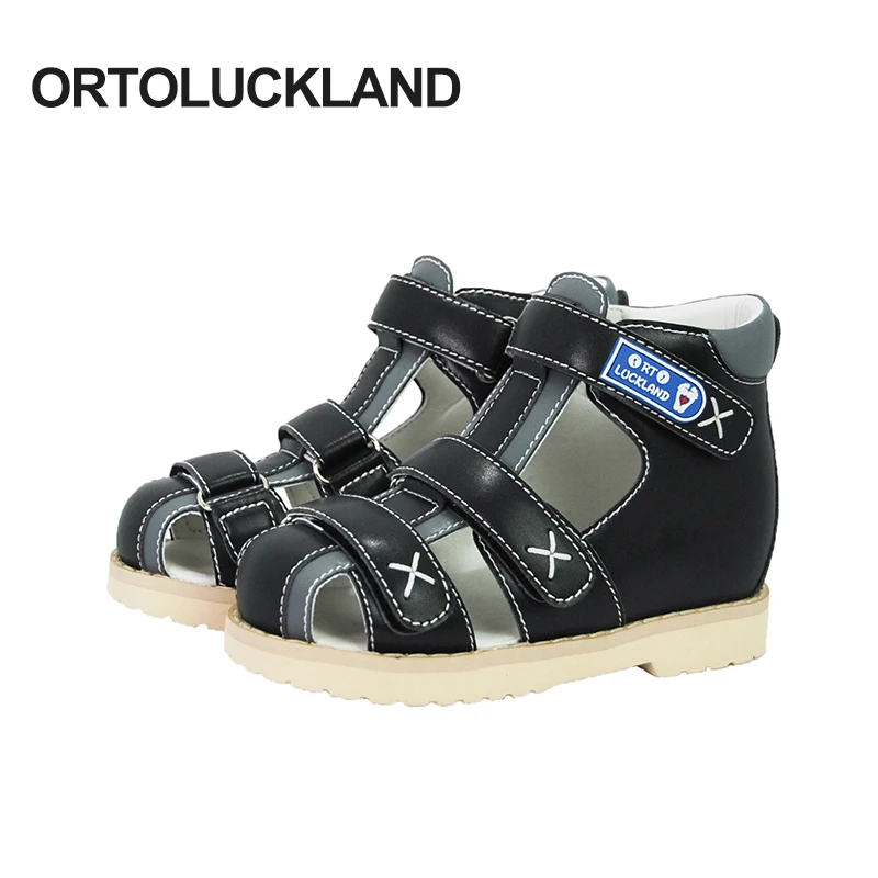 ORTOLUCKLAND Children Orthopedic Shoes for Flatfeet Summer Kids Leather Closed Toe Boys Girls Sandals with Ankle Support