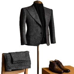 Neueste Schöne Männer Anzüge Winter Tweed Kerbe Revers Dunkelgrau Regelmäßige 2 Stück Wolle Zwei Taste Mischung Vintage Zugeschnitten Fit