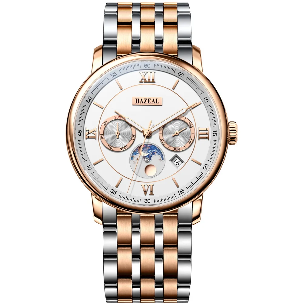 HAZEAL Men Automatic Watch 40MM Mechanical Wristwatch Waterproof Sapphire Mirror Multi-Dial Month Week Date Sun-Moon Dispaly