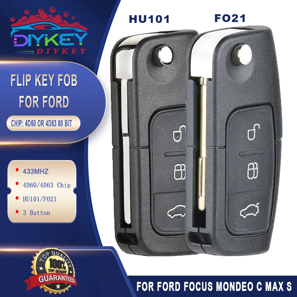 

DIYKEY 433MHz 4D60/ 4D63 Chip 80Bit Transponder Chip Flip Remote Key for Ford Focus Mondeo C Max S Max Galaxy Fiesta HU101/FO21