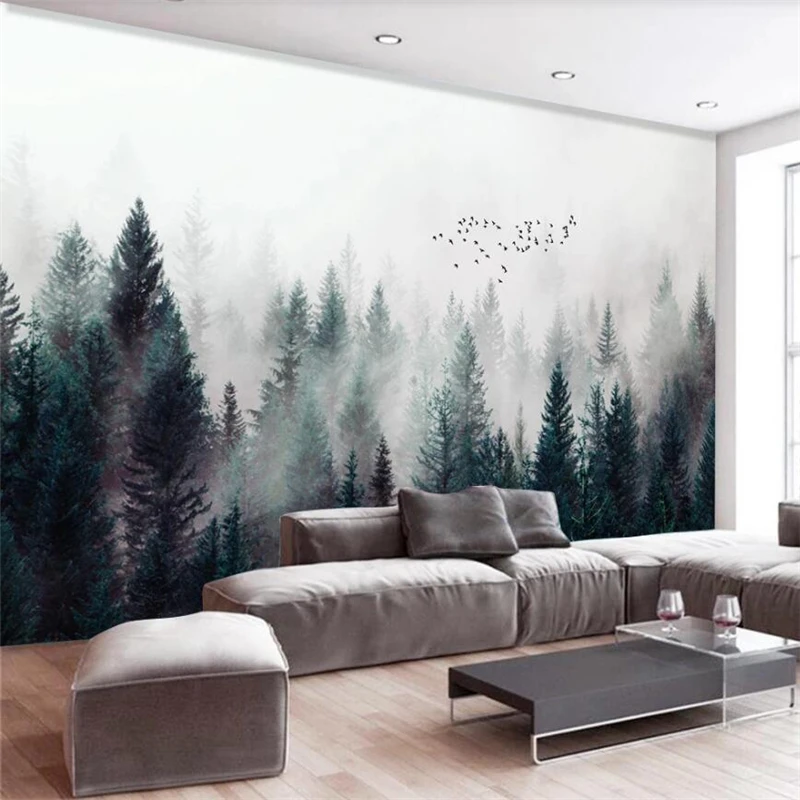 

Customized 3d photo wallpaper modern fresh foggy forest clouds and mist birds Nordic 3d papel de parede TV background wall paper