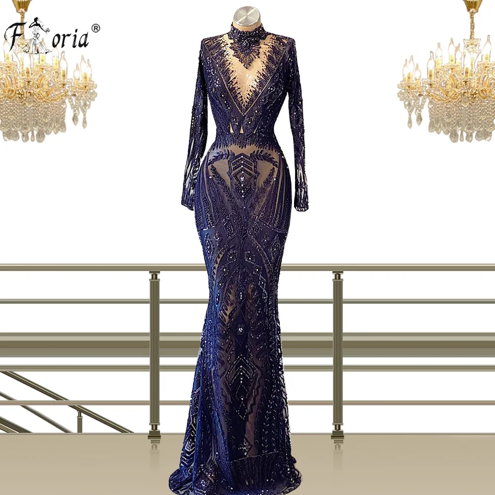 Dubai Luxe Moslim Kralen Avondjurk Illusion Lange Mouwen See Through Lace Mermaid Prom Jassen Speciale Gelegenheid Jurk Gewaden