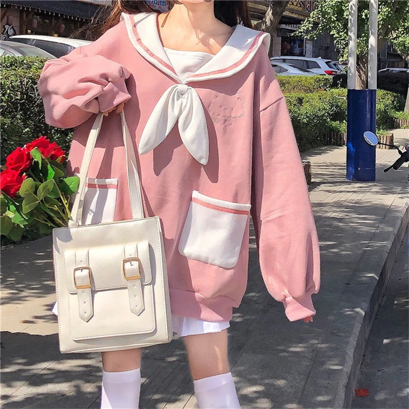 Felpa Casual da donna stile Preppy giapponese JK Student Bowknot cravatta marinaio collare orso ricamo felpe con cappuccio Kawaii abiti da bestia