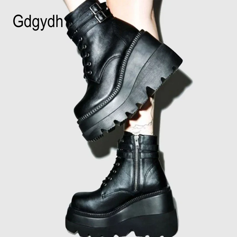 Gdgydh Jesień Zima Wysoka Platforma Buty Kobiety Skóra PU Kliny Botki Kobiety Punky Style Party Goth Shoes Woman Big Size 43