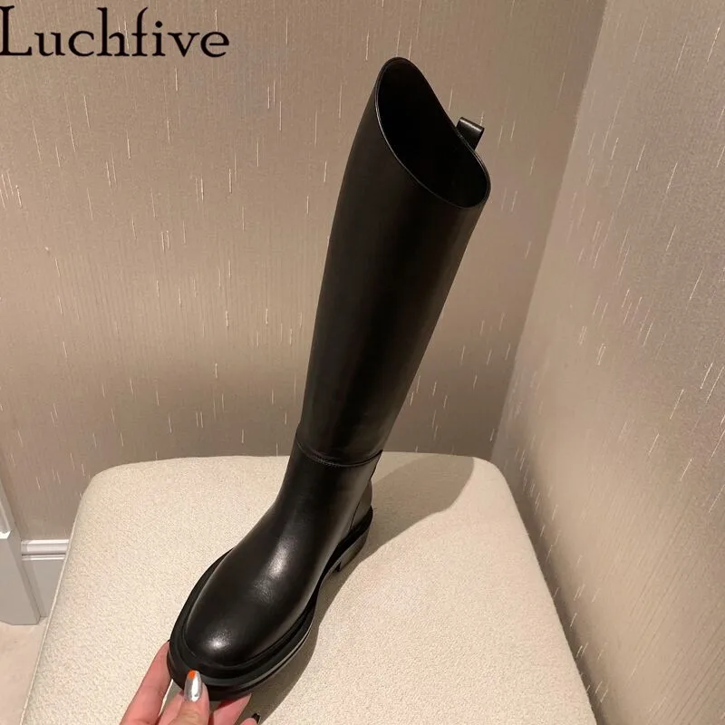 High Quality Runway Knee High Boots Woman Black Knight Boots New Genuine leather flat Long Boots for Woman