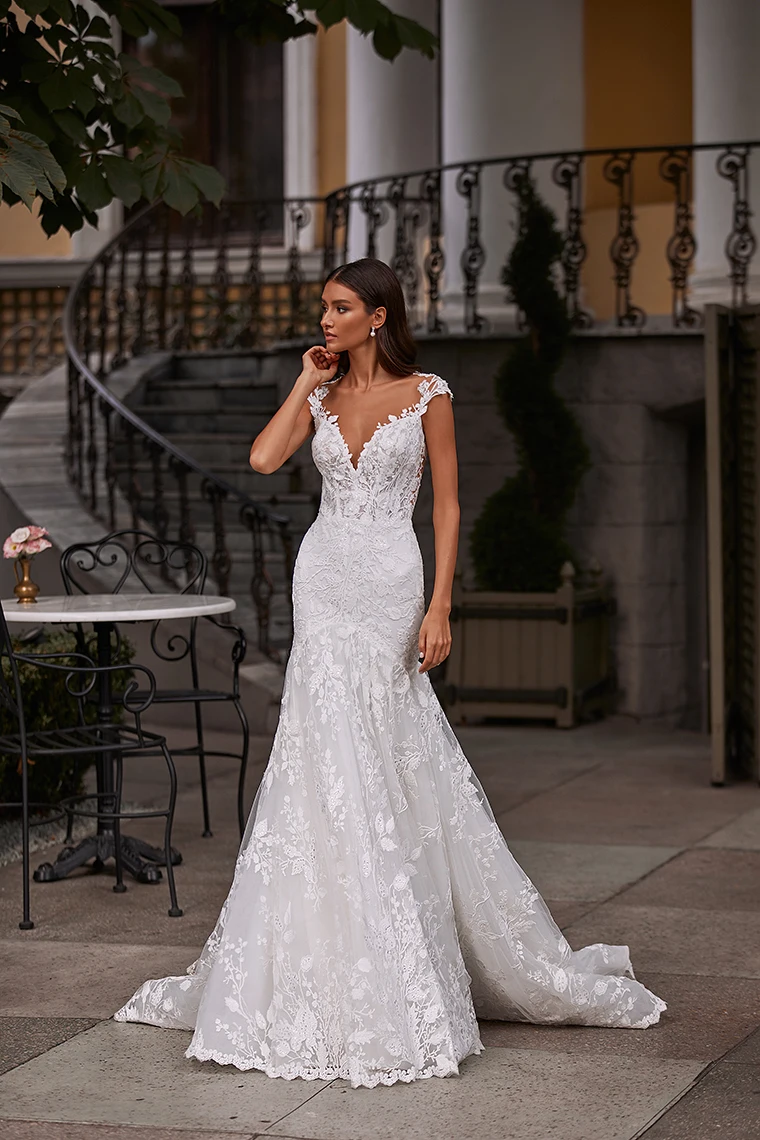 Robe de mariée sirène à manches cape avec des Appliques en dentelle, sur mesure, avec des boutons au dos, avec traîne, nouvelle collection 2021