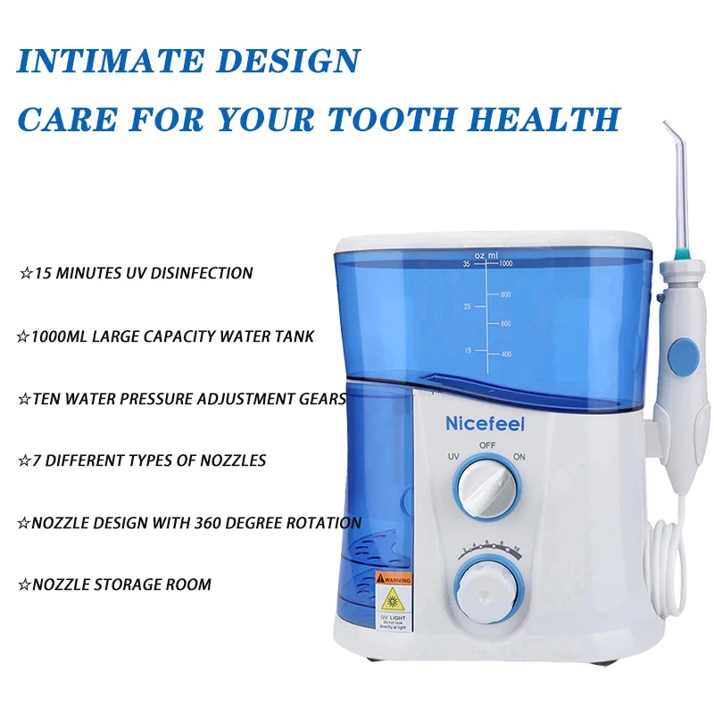 Oral Irrigator with Ultraviolet Disinfection Water Flosser Jet 1000ml Water Tank 7 Nozzle Teeth Whitening Cleaning for Oral Care