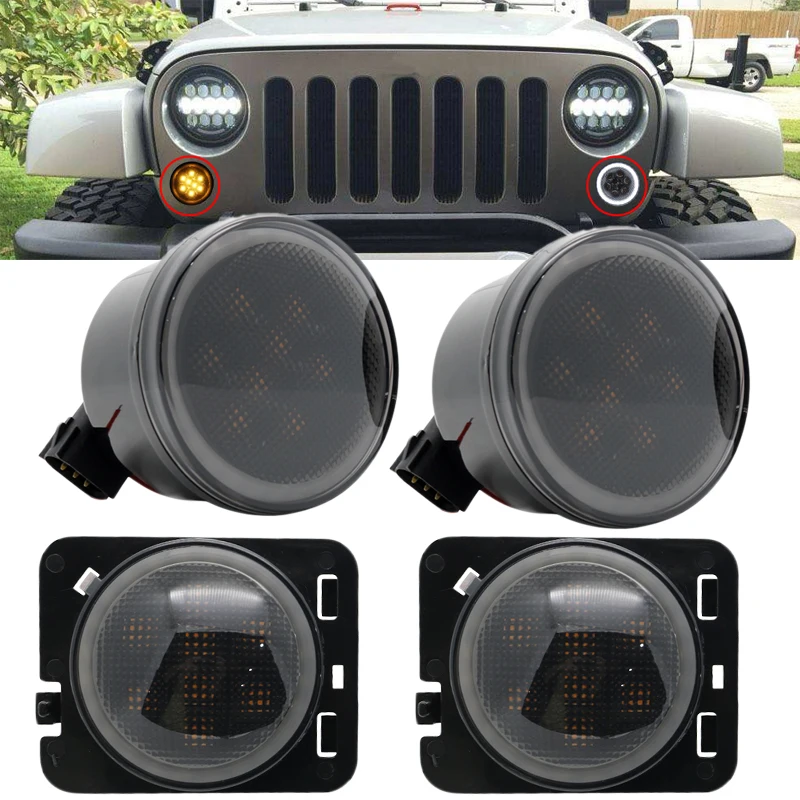 Front LED Turn Signal Light Assembly with White Halo Smoke Lens for 2007 to 2011 2012 2013 2014 2015 2016 2017 Jeep Wrangler JK