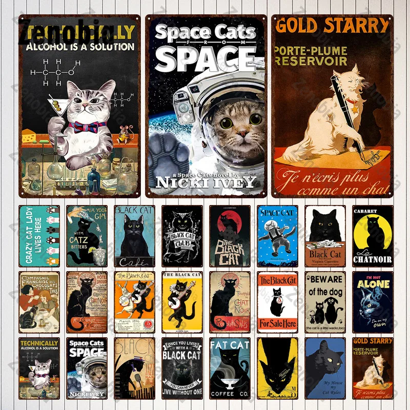 

Funny Black Cats Metal Sign Vintage Plaque Space Cat Metal Poster Tin Sign Animals Accessories Decorative Plate Wall Decoration