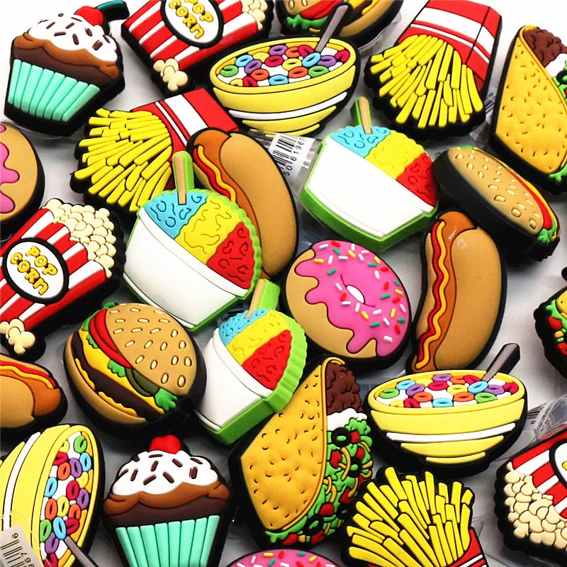 Cute Food Style Shoe Charms PVC Burger Fries Popcorn Deaigner Shoes Decorations Sandals Accessories for Kids Party Gifts