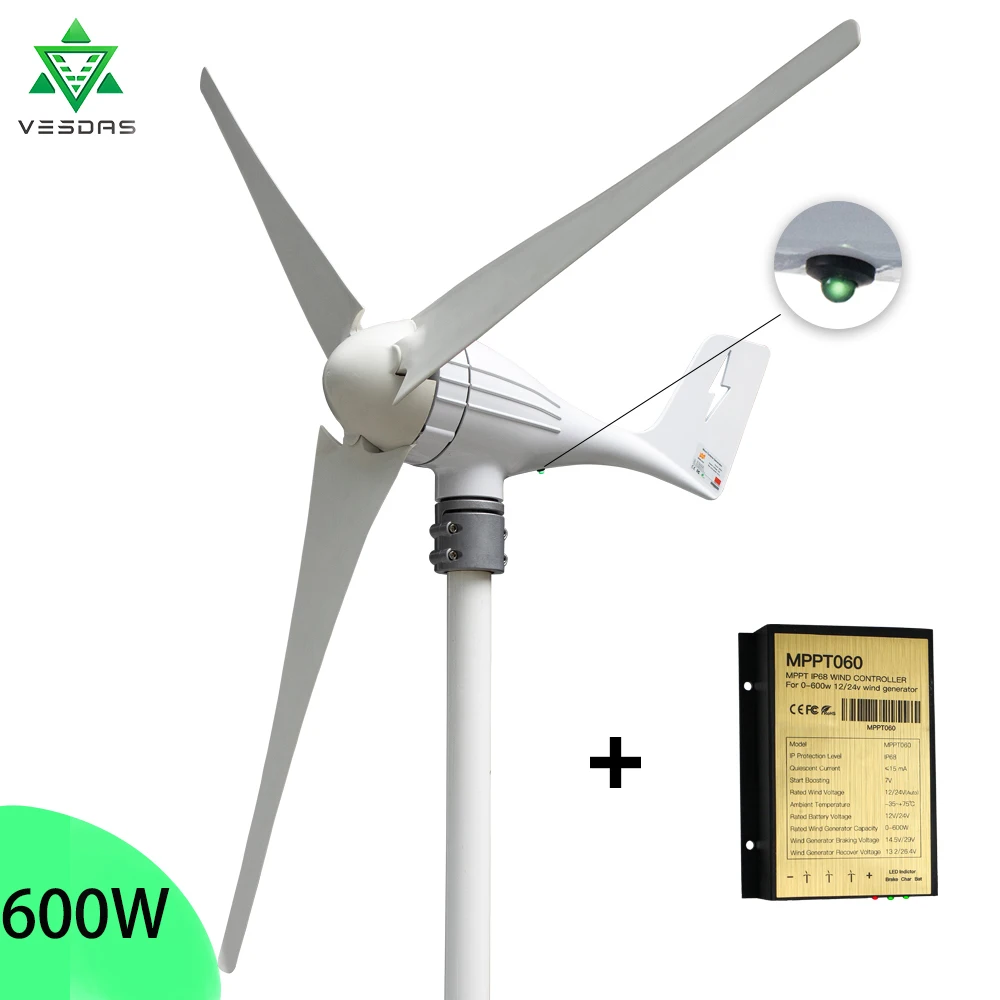 Ship From Spain 12V 24V AC 600W Horizontal Axis Wind Turbine Generator Kit Home Windmill With LED Light Free MPPT Controller