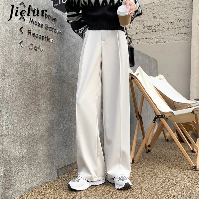 Jielur New Korean Style Zipper White Wide-leg Pants Women Solid Color Suit Trousers Female Autumn Gray High-waist Straight Pants