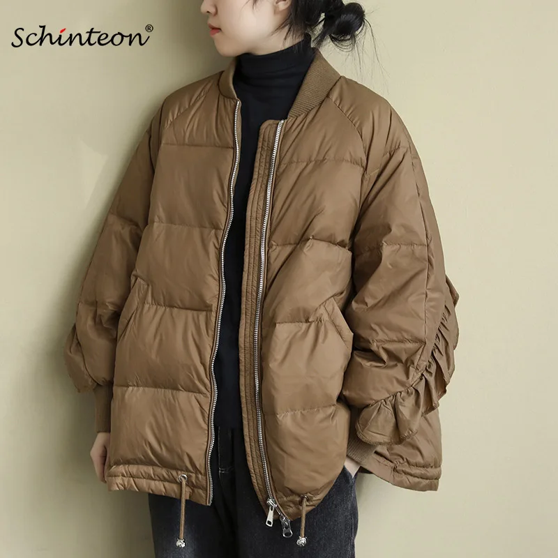 Schinteon Korean Style Women White Duck Down Jacket Loose Over Size Autumn Winter Warm Outwear Coat Ruffles Sleeves New