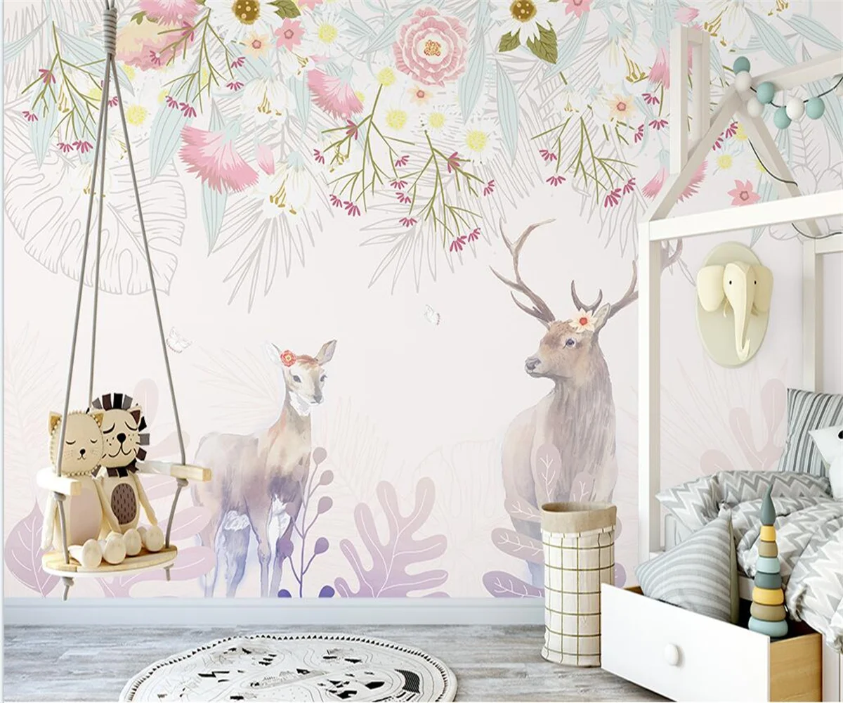 

Customize new nordic wallpaper Hand painted nordic flower bush elk sofa indoor TV background wall 3d wallpaper papier peint
