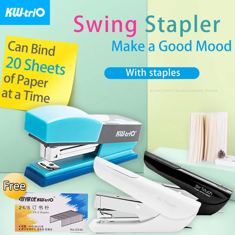 KW-triO Cute Stapler Set Air Touch Stapler or Cute Swing Stapler Triangular Book Clips Staple Remover Office and School Supplies