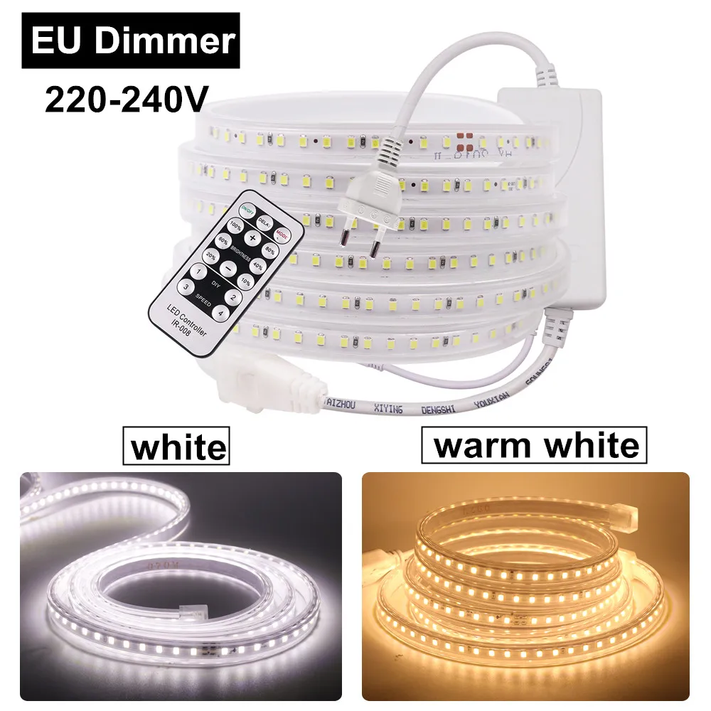 Imagem -02 - Tira Conduzida à Prova Impermeável Água Dimmerable 2835 120leds Branco Branco Quente Alta Segurança Interior Lâmpada ao ar Livre Mais ue Eua Plug 220v 110v