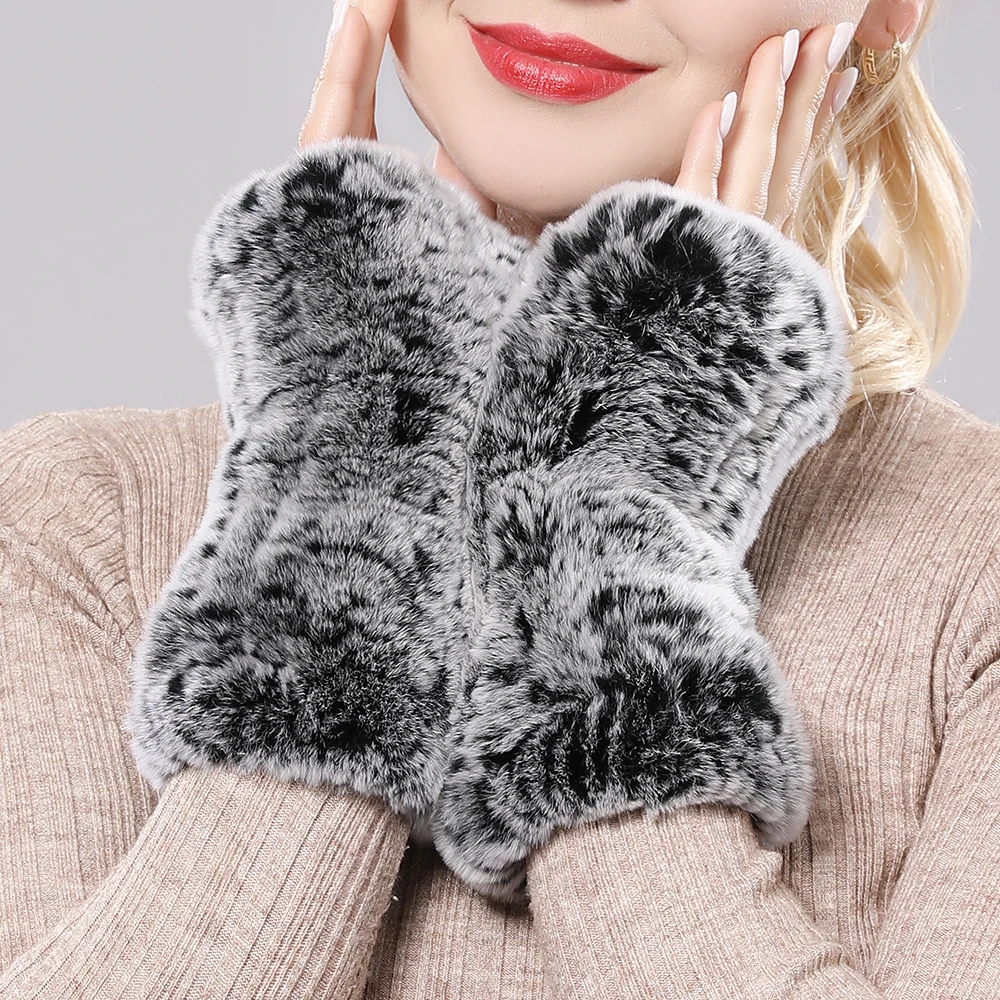 New Women 100% Real Genuine Knitted Rex Rabbit Fur Mittens Winter Warm Lady Real Fur Fingerless Gloves Handmade Knit Fur Mitten