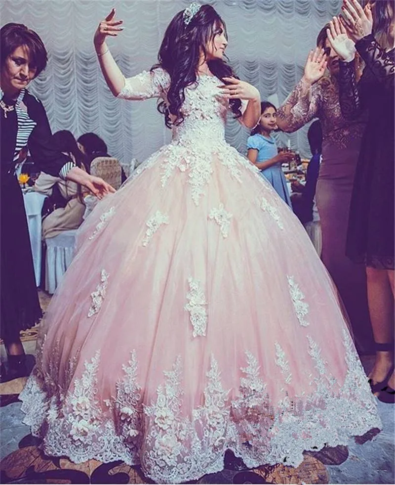 Robe de mariée arabe Vintage en dentelle, tenue de bal rose Blush, manches 2020, motif Floral 3d, de fiançailles, grande taille, 1/2