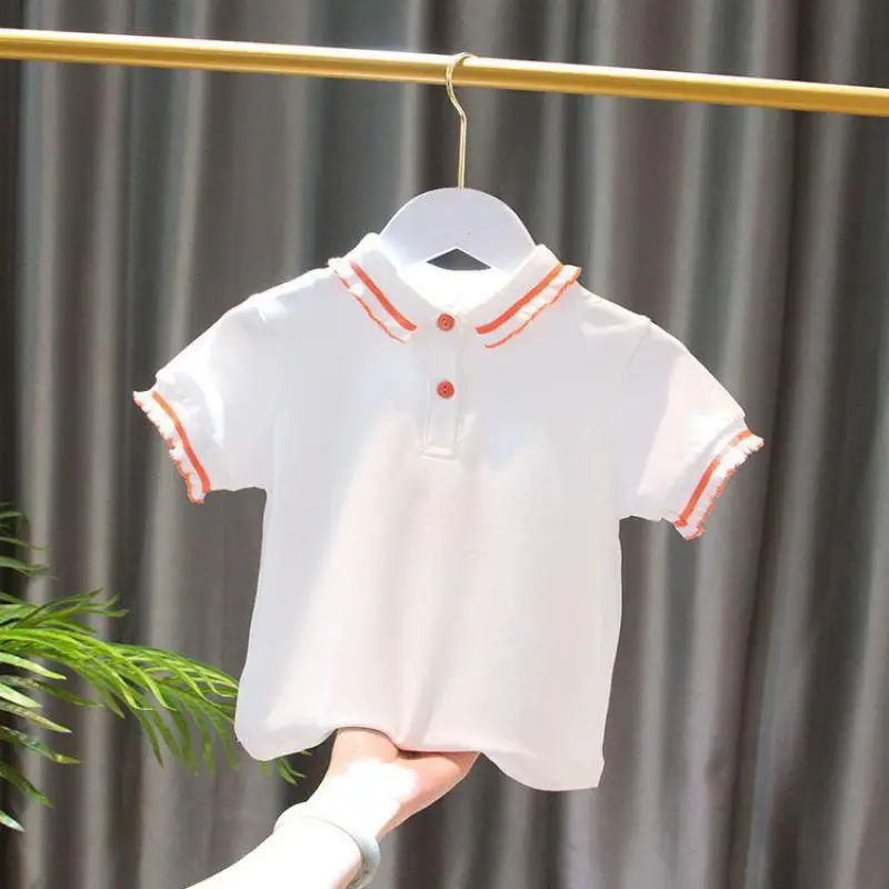 3-7y Kids Polo Shirts Summer Girls Tops Tees Clothing Short Sleeve Solid Color Breathable Lace Soft Children\'s Clothes H21