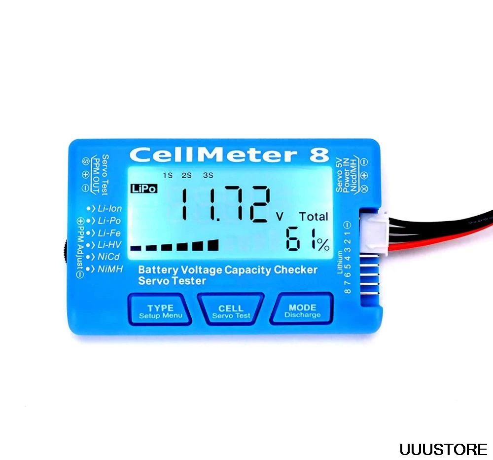 

RC CellMeter 8 Multifunctional Digital Power Servo Tester 2S-8S For Li-Po,Li-lon,Li-Fe,NiCd,NiMH RC Drone Spare Parts