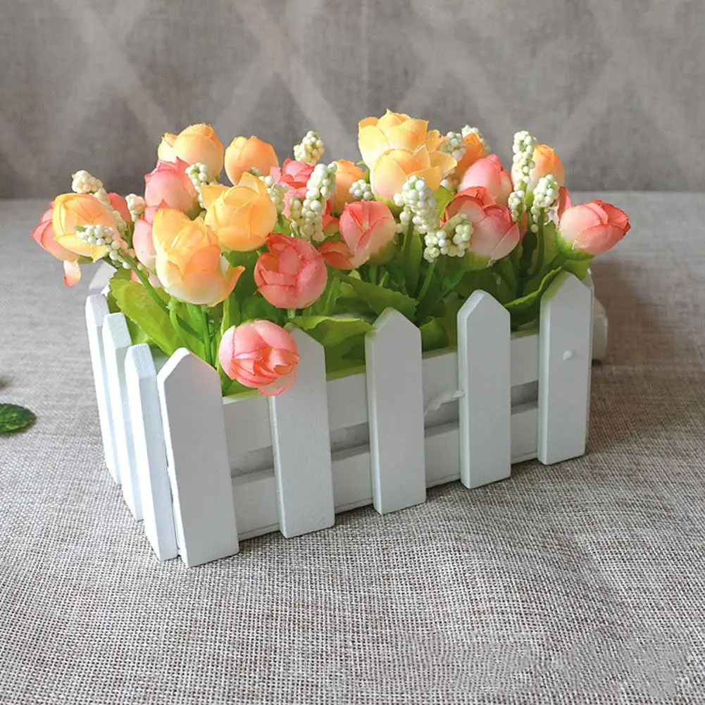 1 Set White Wooden Fence Artificial Flower Floral Artificial Plants Holder Home Garden Decor Ornament