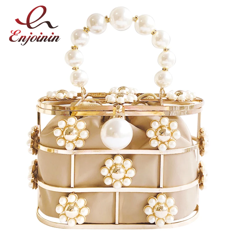 

High Quality Pearl Flower Handle Metal Basket Design Women Party Handbag Shoulder Bag Crossbody Bag Chain Purse Women Bolsa Tote