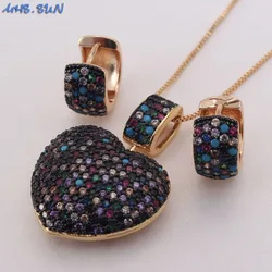 MHS.SUN New Arrival Women AAA Zircon Heart Pendant Necklace Fashion Colorful CZ Crystal Earrings Jewelry Set For Female Gift