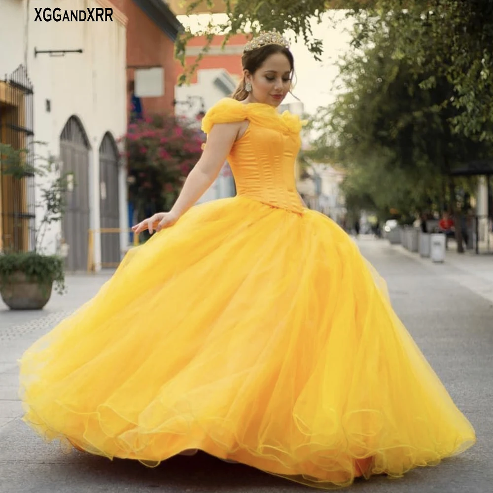 Vàng Vàng Quinceanera Váy 2022 Bầu Dài Dạ Hội Đầm Ngọt 15 16 Đầm Công Chúa Sinh Nhật Áo CHOÀNG MÙA THU Dây Chéo đầm