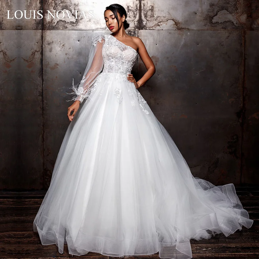 

A-line2020 Beaded LOUIS NOVIAS Elegant Backless 3D Irregular One Shoulder Long Sleeve Lace Beach Bridal Dress Vestido De Noiva