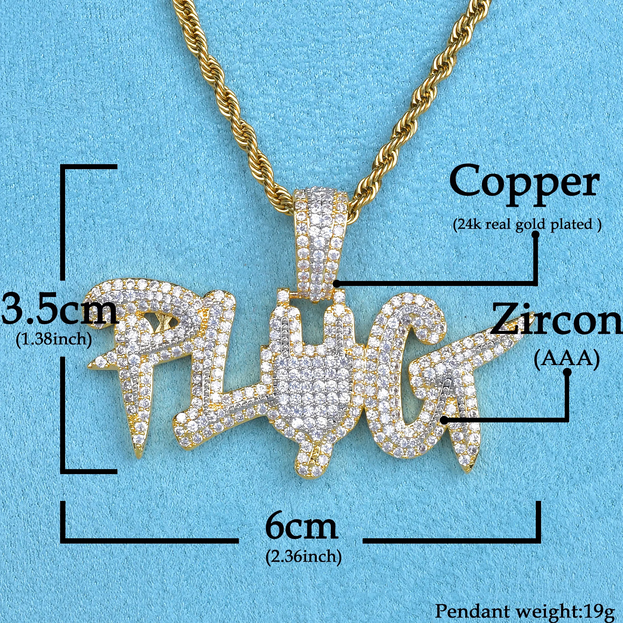 Gold Color Plug Letter Combination Pendant Micro Pave Finish Zircon Hip Hop Necklace Chain Men's Jewelry