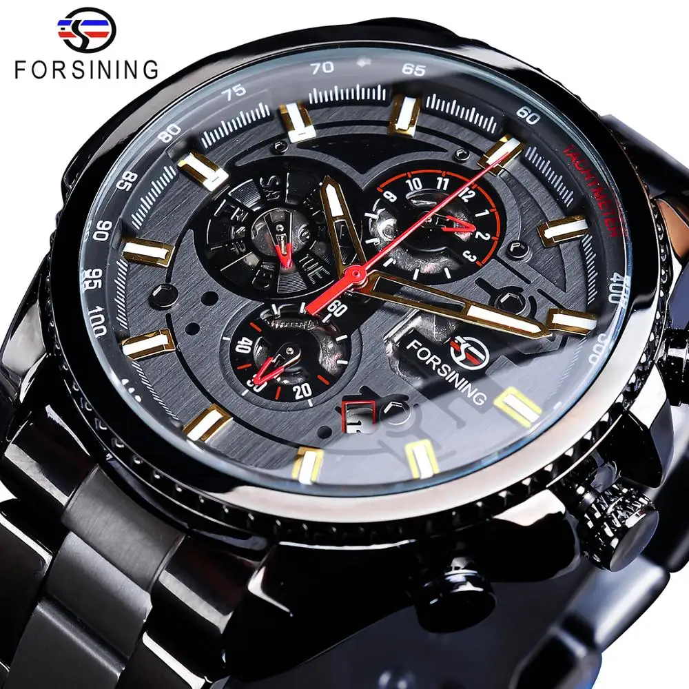 

Forsining Fashion Mechanical Mens Watches Automatic Top Brand Luxury Man Watches Waterproof Black Stainless Steel Calendar Clock