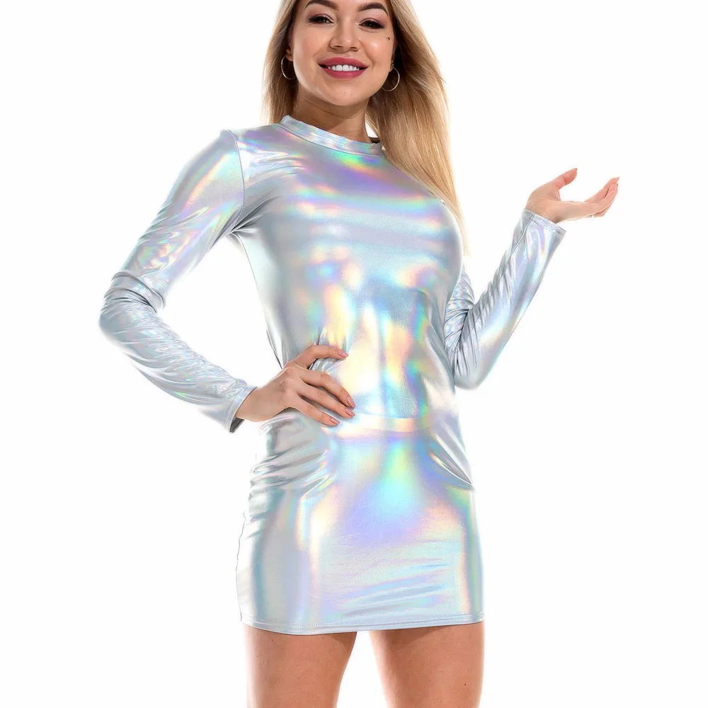 Reflective Holographic Dress Summer Women Turtleneck Long Sleeve Mini  Bodycon Dress Sexy Metallic Club Dress Rave Outfits - AliExpress 200000345