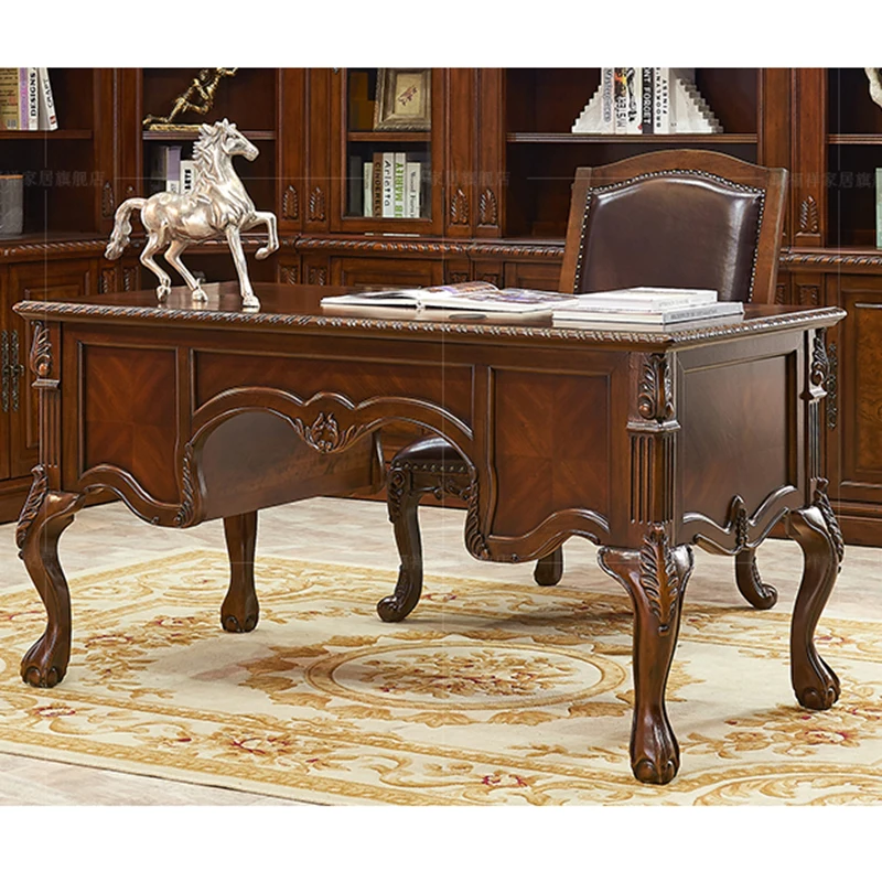 European-style Solid Wood Desk and Chair Combination 1.5m Computer Desk American Desk Home Writing Desk Kids Table and Chair