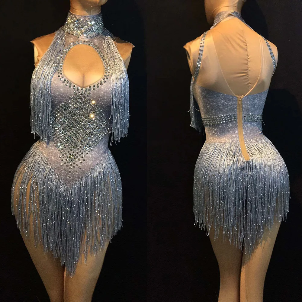 

Women Glitter Fringe Diamonds Sleeveless Bodysuits Pole Dancing Shining Performance Stage Wear