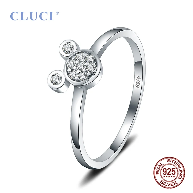 

CLUCI 925 Sterling Silver Cute Mouse Shape Ring Women Zircon Party Wedding Ring Gift Jewelry DR1010SB