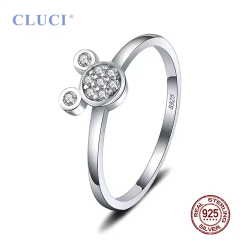 CLUCI 925 Sterling Silver Cute Mouse Shape Ring Women Zircon Party Wedding Ring Gift Jewelry DR1010SB