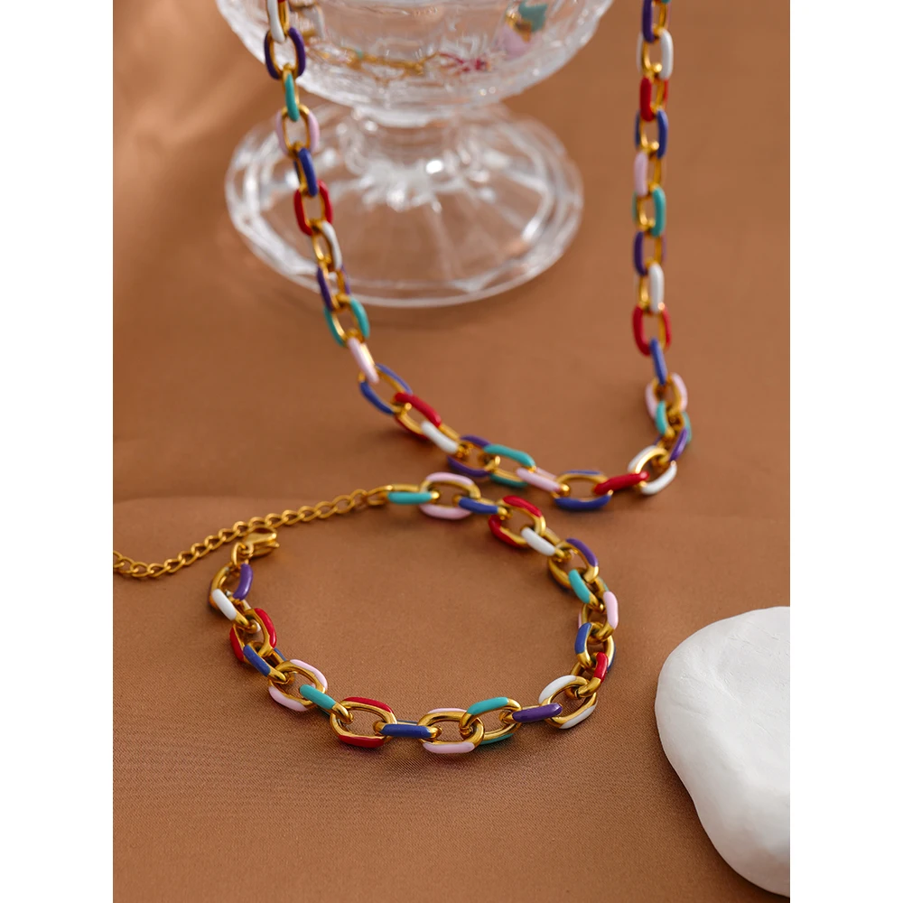 Yhpup Rainbow Enamel Chain Necklace Bracelet Set 316L Stainless Steel 18 K PVD Plated Set Waterproof Jewelry Y2K Party Gift