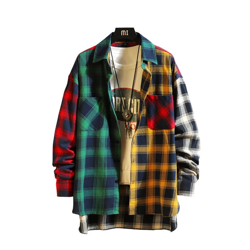 2021 new personality patchwork red plaid shirt men\'s street casual hip hop long-sleeved shirt men\'s loose shirt large size M-5XL