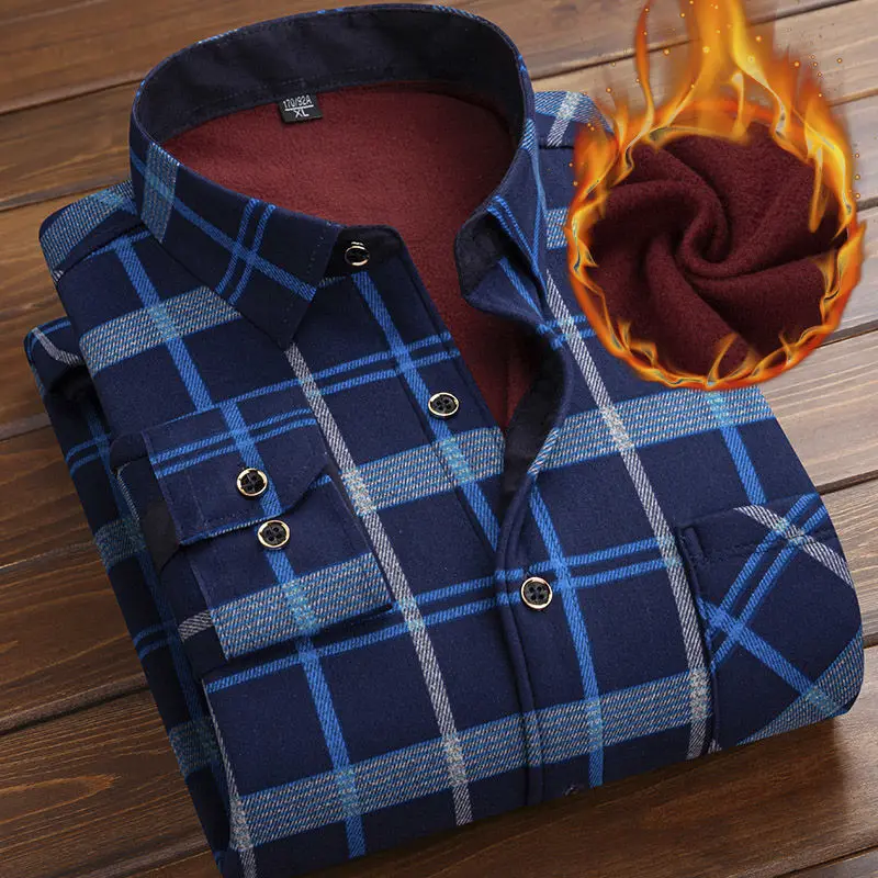 Autumn Winter Thicken Fleece Shirt Men Business Plaid Shirt Long Sleeve Warm Clothes Turn Down Collar Button Up Shirts Classic